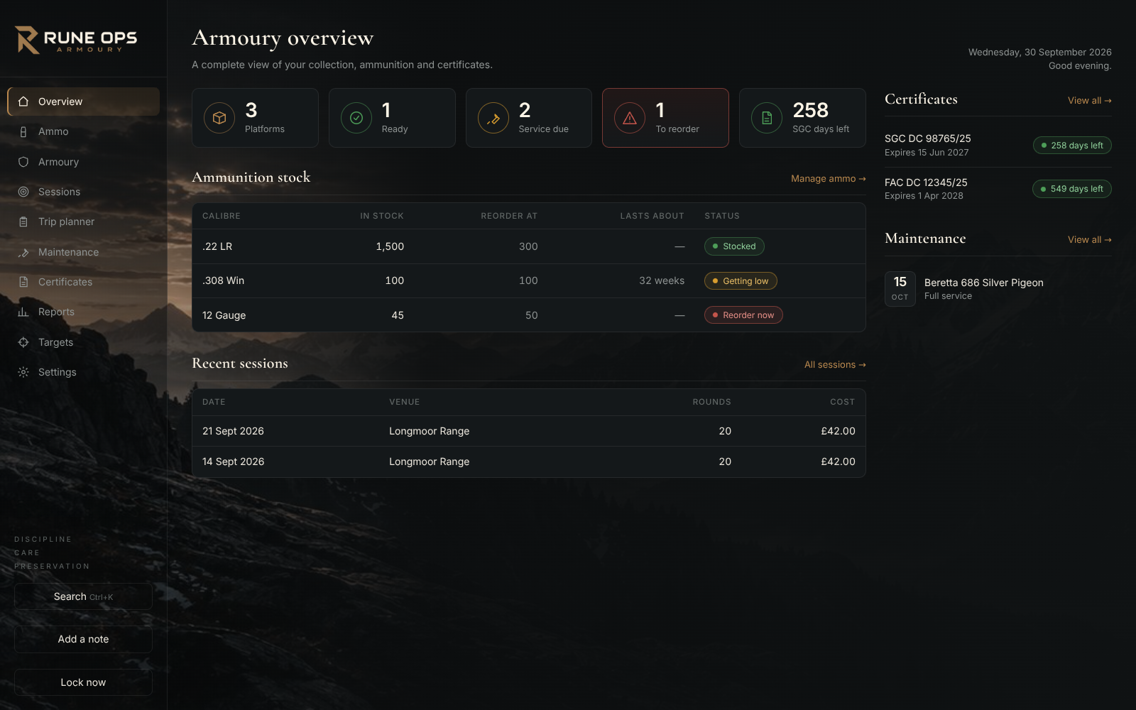 Rune Ops Armoury overview screen